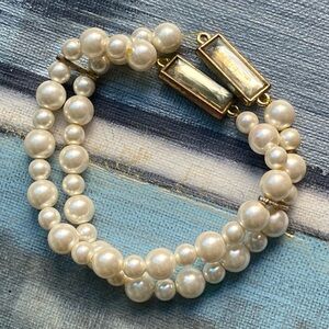 Vintage ROMAN Double-Strand Faux Pearl Stretch Bracelet with Gold Accents